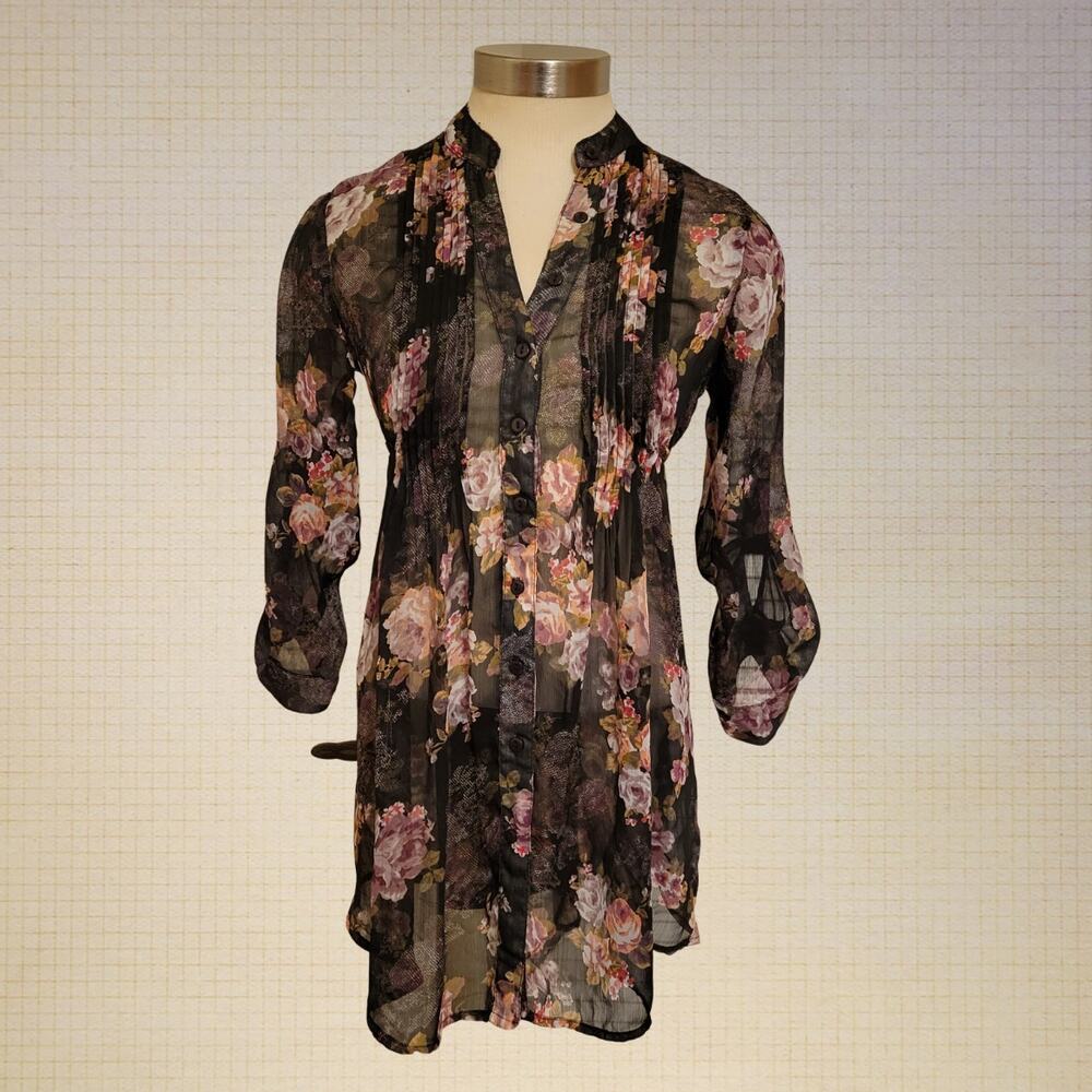 Whimsigoth 2000s American Rag Sheer Floral Ruffle Button-Up Blouse XS Tie Waist